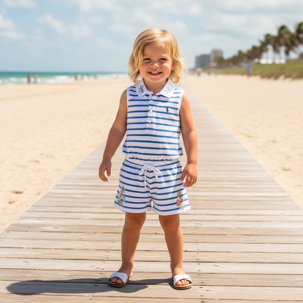 Ralph Lauren Blue and White Striped Romper‎ with Gathered Waist Resort Vacation